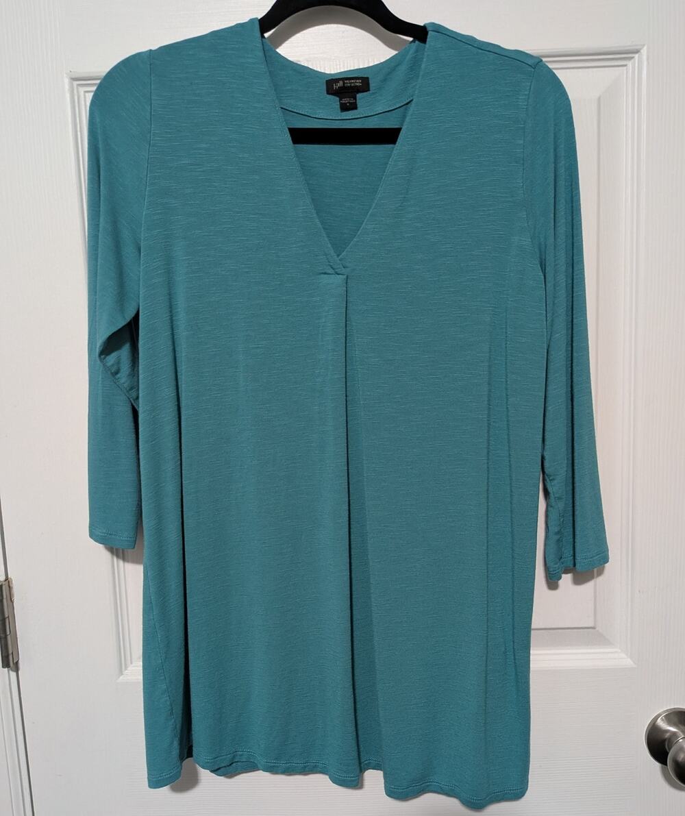 J. Jill Wearever Tunic Top Small S Teal Green Inverted Pleat V-Neck 3/4 Sleeve